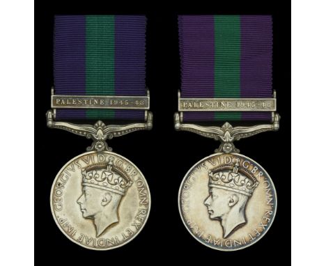General Service 1918-62, 1 clasp, Palestine 1945-48 (2) (14031546 Pte. J. Batkin. Loyals.; 14878609 Sigmn S A Simpson R Sigs)