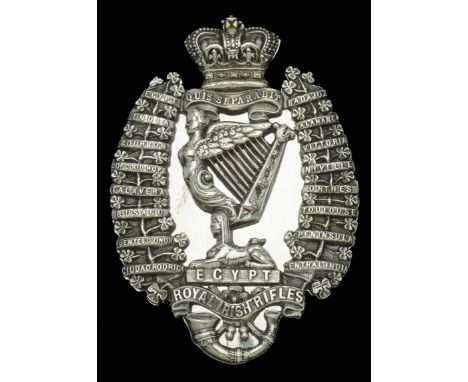 Royal Irish Rifles Officer’s Pouch Belt Plate. A good example c.1870, silvered crowned shamrock sprays with battle honours to