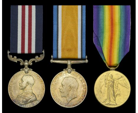 A Great War ‘Western Front’ M.M. group of three awarded to Lance-Corporal H. F. Tallent, Essex Regiment, who suffered from sh