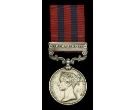 India General Service 1854-95, 1 clasp, Burma 1889-92 (2718 Pte. T. H. Baker. 1st. Bn. D.C.L. Infy.) edge bruise, suspension 