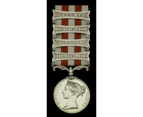 Indian Mutiny 1857-59, 4 clasps, Delhi, Relief of Lucknow, Lucknow, Central India (Store Lascar Luximon Rowjee.) locally impr
