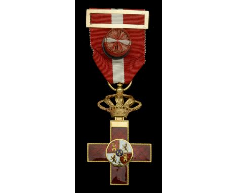 Spain, Kingdom, Order of Military Merit, breast badge, gold and red enamel, unmarked, with gold riband slide and lapel rosett