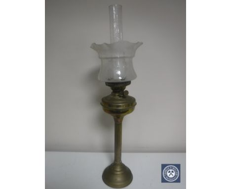 A Victorian Duplex twin burner oil lamp with glass shade and chimney CONDITION REPORT: Chimney and shade both in good conditi