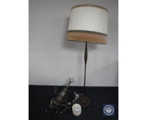 An antique brass six-branch chandelier together with a 20th century standard lamp with shade