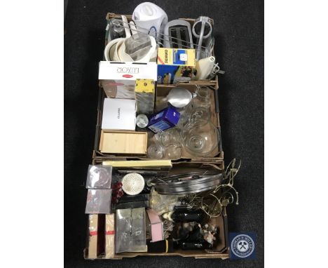 Three boxes containing assorted kitchen electricals, glass ware, cutlery, wall clock, dog figures etc