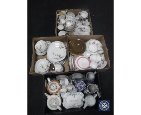 Four boxes containing assorted tea china and dinner ware, Midwinter dinner service, Ringtons water jug, antique teapots etc