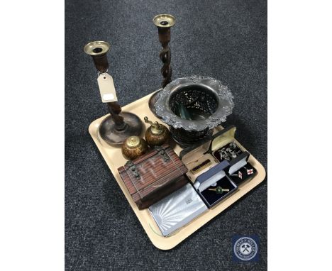 A tray containing a pair of oak barley twist candle holders, globe salt and pepper pots, assorted cuff links, plated wine buc