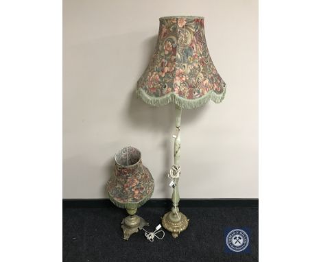 A brass and onyx standard lamp with shade together with similar table lamp