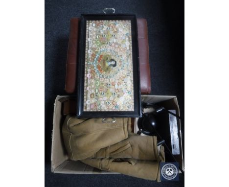 A leather topped footstool on chrome supports and a box of two continental angle poise lamps, mahogany wall shelf, sheepskin 