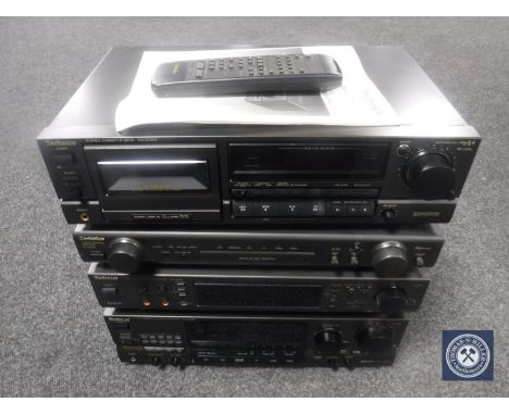 Four Technics hifi separates including a stereo cassette deck RS-BX606, a stereo control amplifier SU-C800U, a digital sound 