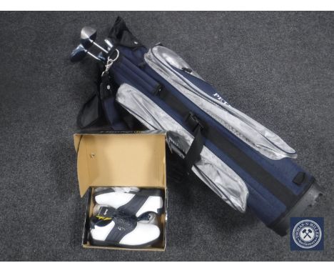 A Petron golf bag containing assorted lady's drivers and irons together with a pair of size 4 1/2 Dunlop golf shoes 