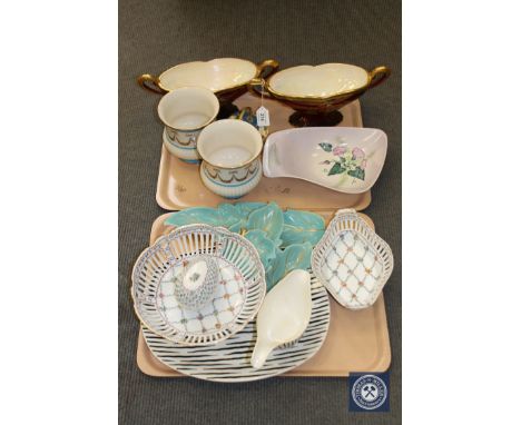 Two trays containing a pair of Carlton ware red lustre twin handled bowls, Carlton ware leaf dishes, continental porcelain, M