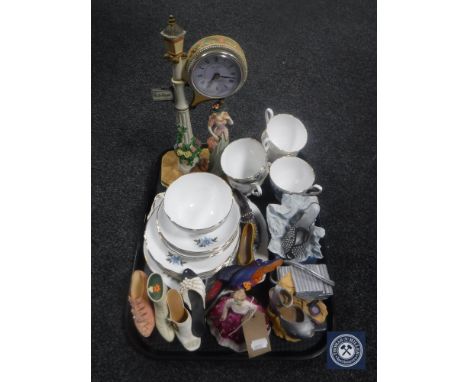 A tray containing seventeen pieces of Royal Stafford bone china, Coalport figure Kimberley (a/f), contemporary mantel clock a