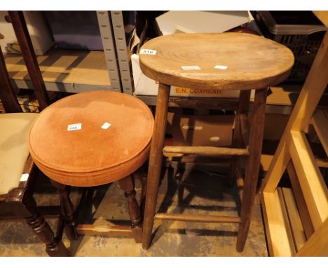Two wooden stools including one bar stool and an upholstered stool 