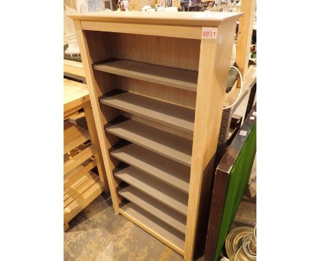 Tall narrow light maple wood shelf unit with six grey adjustable shelves each 57 x 14 cm standing H: 124 cm