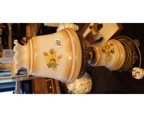Reproduction electric spirit lamp with flowered body and matching shade  CONDITION REPORT: All electrical items in this lot h