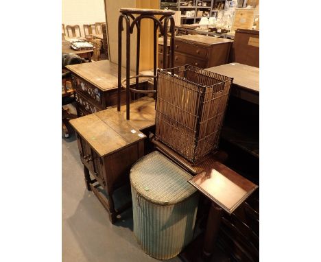 Mixed furinture including pot cupboard side table with drawer hall table Lloyd Loom basket stool and laundry basket 