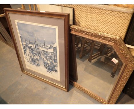 Large overmantle mirror and three printed pictures 