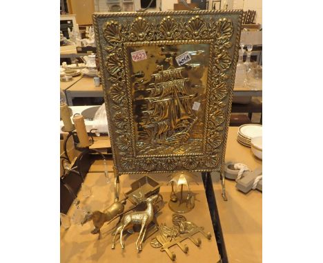 Brass fire screen and other brass items