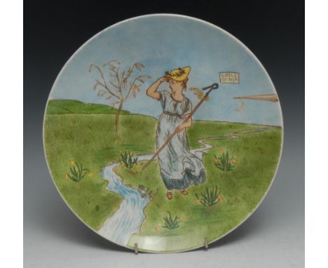 A Minton Aesthetic Movement circular plaque, painted after Walter Crane with Little Bo Peep, 25.5cm diam, impressed and paint