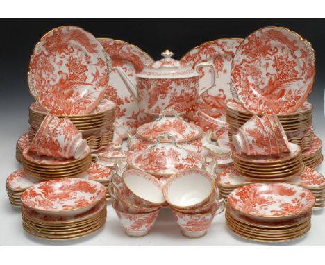 A Royal Crown Derby Red Aves pattern dinner and tea service for twelve, comprising a pair of vegetable dishes and covers, a p