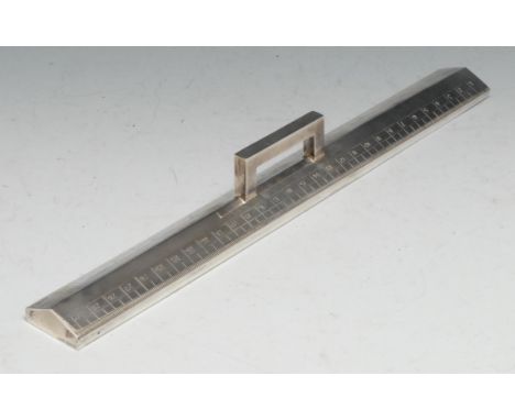 A George V silver draughtsman's ruler, the scales marked out in inches and centimetres, 30.5cm long, John Collard Vickery, Lo