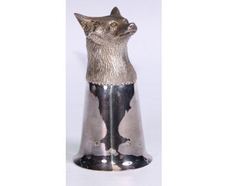An Elizabeth II silver stirrup cup, surmounted by the cast head of a fox, flared bowl, gilt interior, 12.5cm high, Jubilee ha