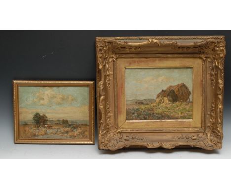 Scottish School (19th century)Haystackssigned Alt K, oil on board, 19cm x 24.5cm; another, Cattle Watering (2) 
