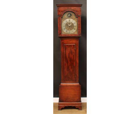 A George II mahogany longcase equation clock, 33.5cm arched brass dial with silvered chapter ring inscribed William Scafe, Lo