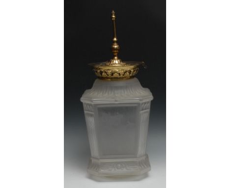 A frosted glass hall lantern, etched with Chinese dragons, fluted canted angles, gilt metal mounts, 34cm high 