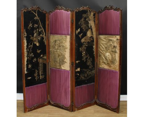 A late 19th century Anglo-Japanese four-fold screen, set with nihon shishu panels depicting birds amongst blossoming prunus a