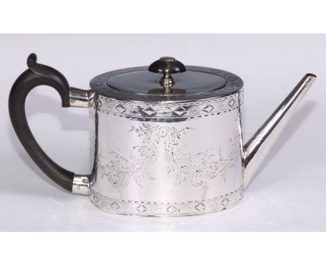 A George III silver oval drum teapot, bright-cut engraved with swags of flowers, lozenges, paterae and wrigglework, push-fitt