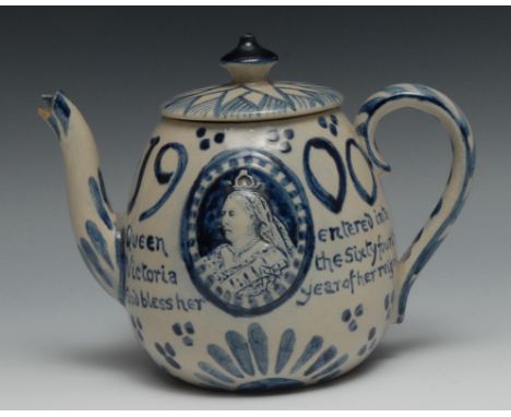 A Horace Elliot Denby Boer War teapot, in relief with portrait oval painted in blue, 1900 Queen Victoria God bless her entere