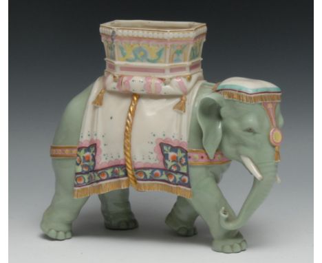 A Royal Worcester  elephant and howdah porcelain vase,  designed by James Hadley, the elephant with a 'celedon' glaze, 19.5cm