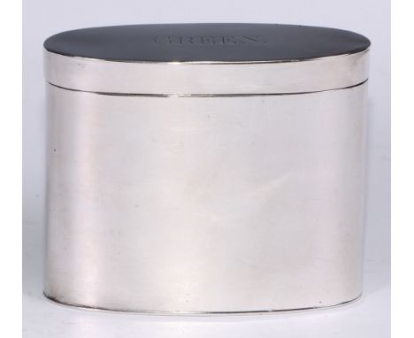 An 18th century Austrian silver oval tea caddy, hinged cover inscribed Green, 12.5cm wide, maker IS over W, Vienna 1797, 368g