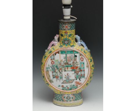 A late 19th/early 20th century Chinese moon flask vase, decorated with figures in battle, the verso with interior scene,  the