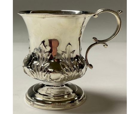 A George/William IV silver campana christening cup, chased with stiff leaves, acanthus capped double-scroll handle, domed foo