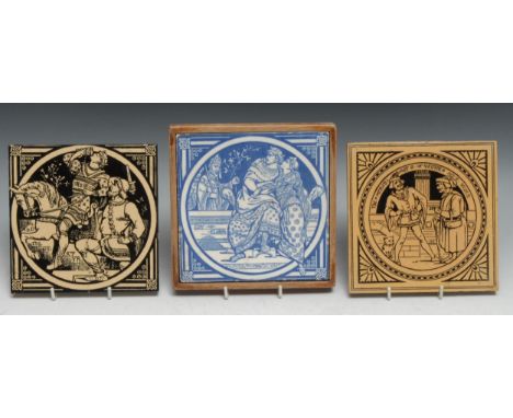 A Minton tile, designed by John Moyr Smith, Edward the Martyr, 15cm square; another, The Merchant of Venice, Act II Scene II;