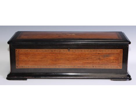 A 19th century simulated rosewood, parcel-ebonised and marquetry musical box, the tune sheet marked Jérôme Thibouville Lamy, 