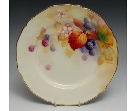A Royal Worcester shaped circular plate, painted by K Blake, signed with autumn leaves and berries, gilt line rim, 22.5cm dia