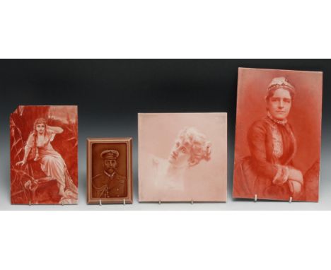 A Minton, Hollins &amp; Co tile, decorated with a red sepia photographic portrait of a young girl, 20.5cm square; other photo