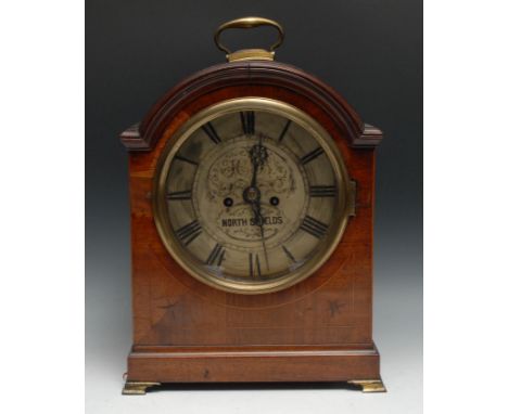 A George III mahogany bracket clock, 20cm circular silvered dial, inscribed WR North Shields, Roman numerals twin-winding hol