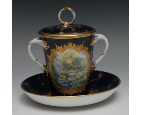 A Lynton porcelain two-handled tapering cylindrical chocolate cup, cover and stand, painted by Stefan Nowaki, signed, with a 