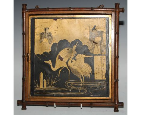 An Aesthetic Movement faux bamboo triptych wall mirror, applied with a Japanese print, 33.5cm high, stamped Patent No.182633,