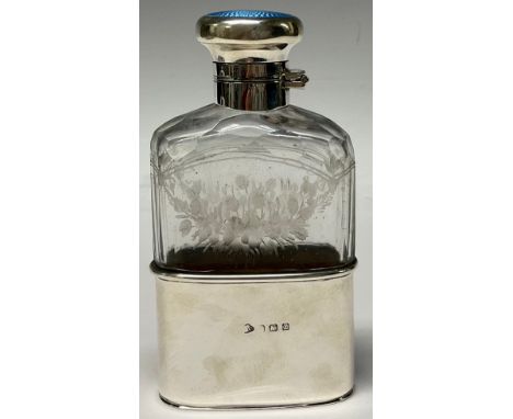 A George V silver and guilloche enamel hip flask, hinged bayonet cover decorated in tones of pale blue, the shoulder faceted 