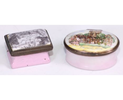 A George III South Staffordshire enamel oval patch box, hinged cover painted with a named view of Fountains Abbey, inscribed 