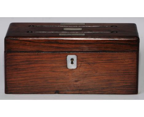 A 19th century rosewood correspondence or letter box, hinged cover with two apertures, each titled on a mother of pearl table