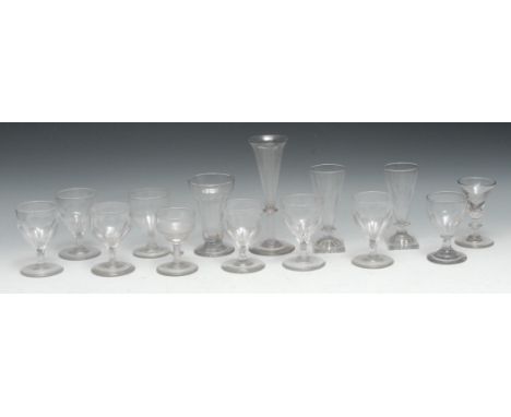 Two 19th century ale glasses, funnel shaped bowls, lemon squeezer bases, 12.5cm high;  six 19th century glasses, facetted bow