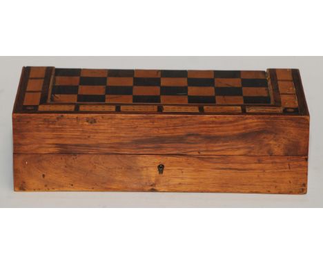 A George III rosewood and parquetry rectangular games box, hinged cover inlaid for chess and outlined with provision for crib