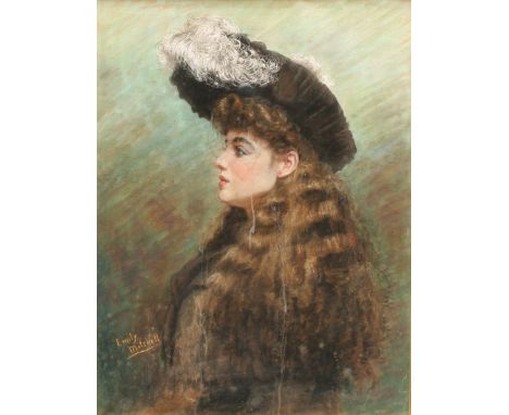 Emily Mitchell (Active 1870's - 1890's)Portrait of a Young Girl in a Feather Bonnetsigned, pastel, 74cm x 53cm 